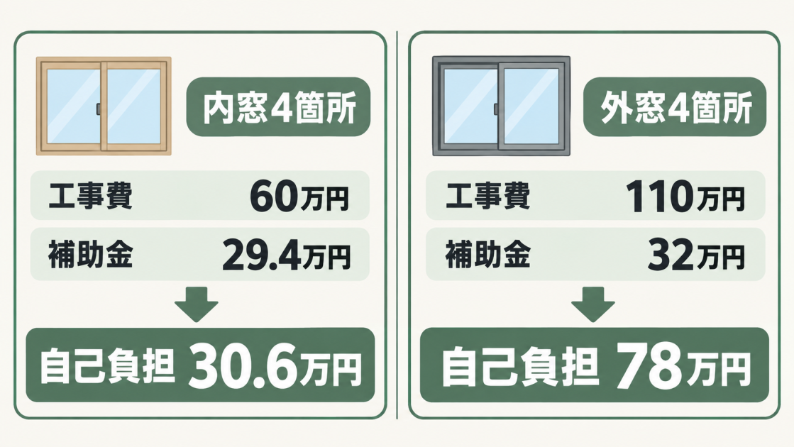 内窓4箇所は工事費60万円から補助金29.4万円を引いて自己負担30.6万円、外窓4箇所は工事費110万円から補助金32万円を引いて自己負担78万円となる例