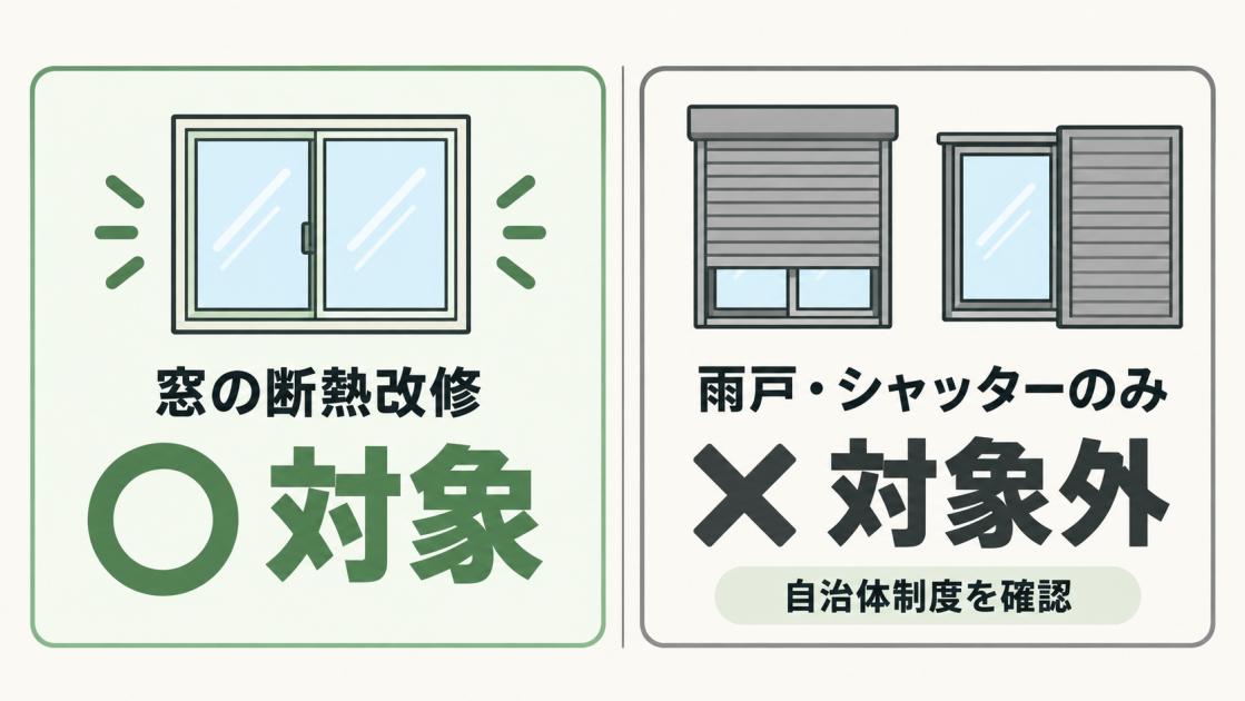 窓の断熱改修は対象、雨戸・シャッターのみは対象外で自治体制度を確認する比較図