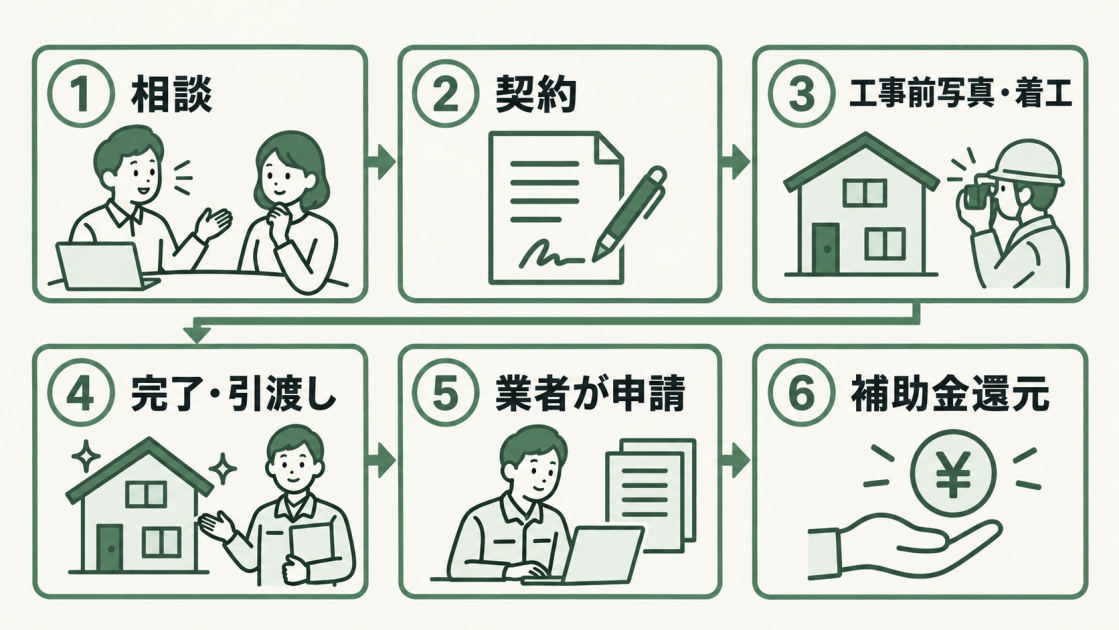 登録事業者への相談、契約、工事前写真と着工、完了と引渡し、業者の申請、補助金還元までの6工程