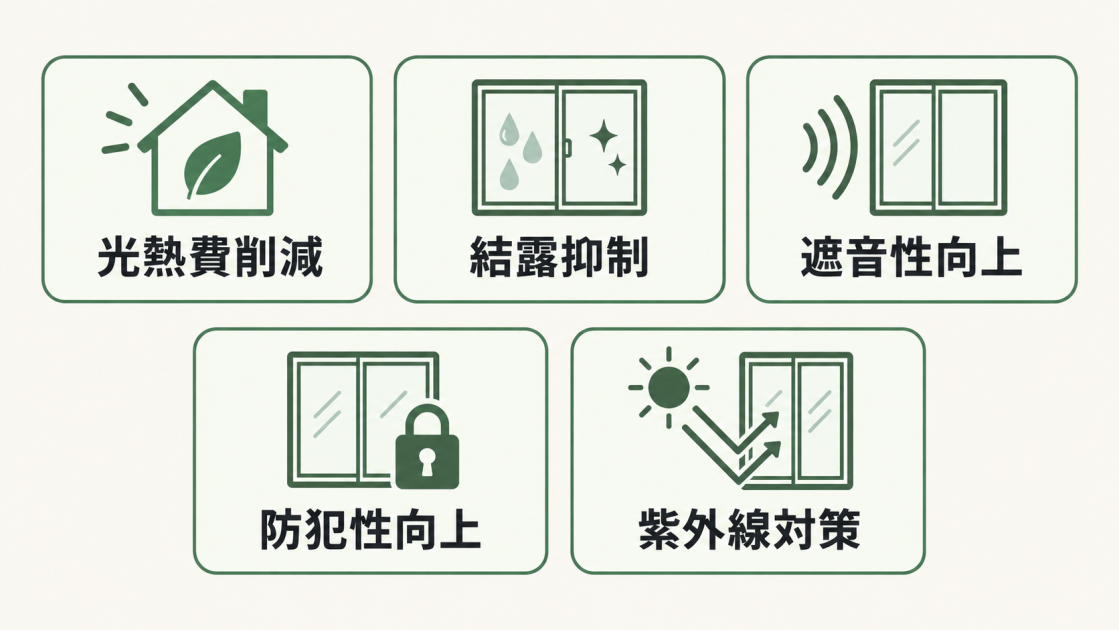 光熱費削減、結露抑制、遮音性向上、防犯性向上、紫外線対策の5項目を示した図