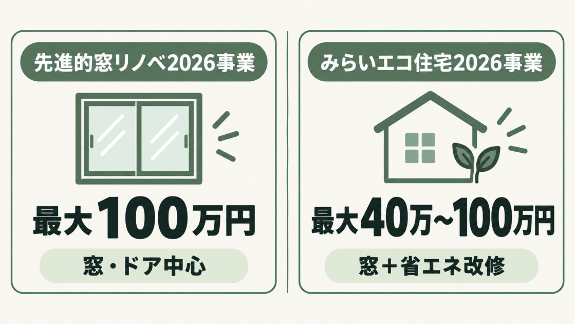 先進的窓リノベ2026事業は最大100万円で窓・ドア中心、みらいエコ住宅2026事業は最大40万〜100万円で窓と省エネ改修向けと比較した図