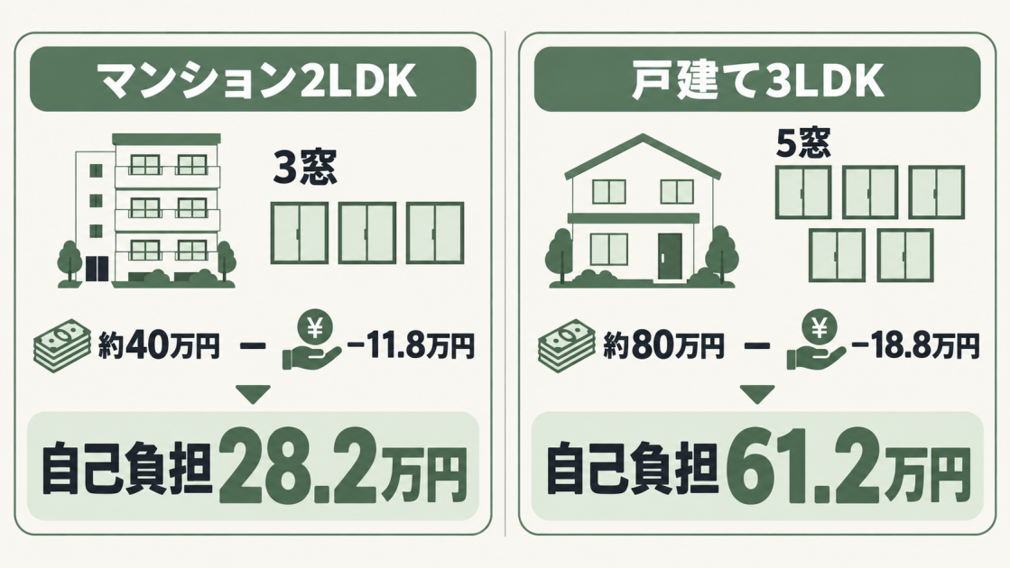 マンション2LDKの3窓は約40万円から補助11.8万円で自己負担28.2万円、戸建て3LDKの5窓は約80万円から補助18.8万円で自己負担61.2万円と比較した図