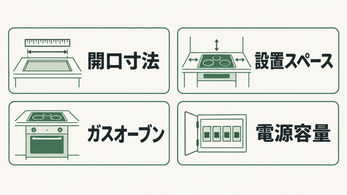 IHの機種選びに関わる、開口寸法、設置スペース、既存のガスオーブン、電源容量の4つの確認項目。