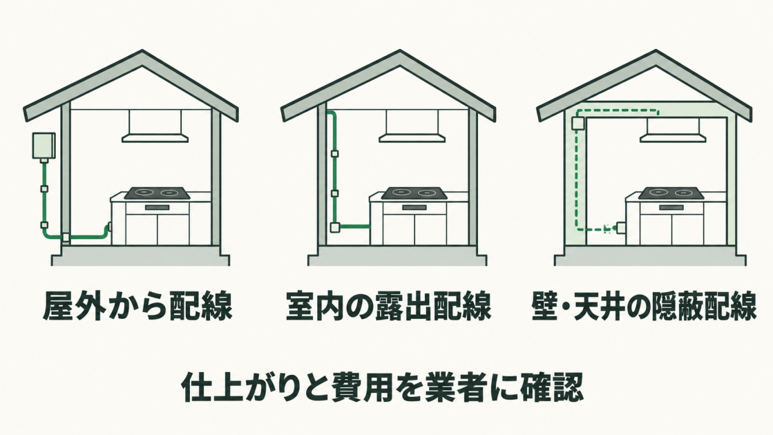 屋外からの配線、室内の露出配線、壁・天井の隠蔽配線のイメージ。仕上がりと費用の違いを施工業者に確認する。