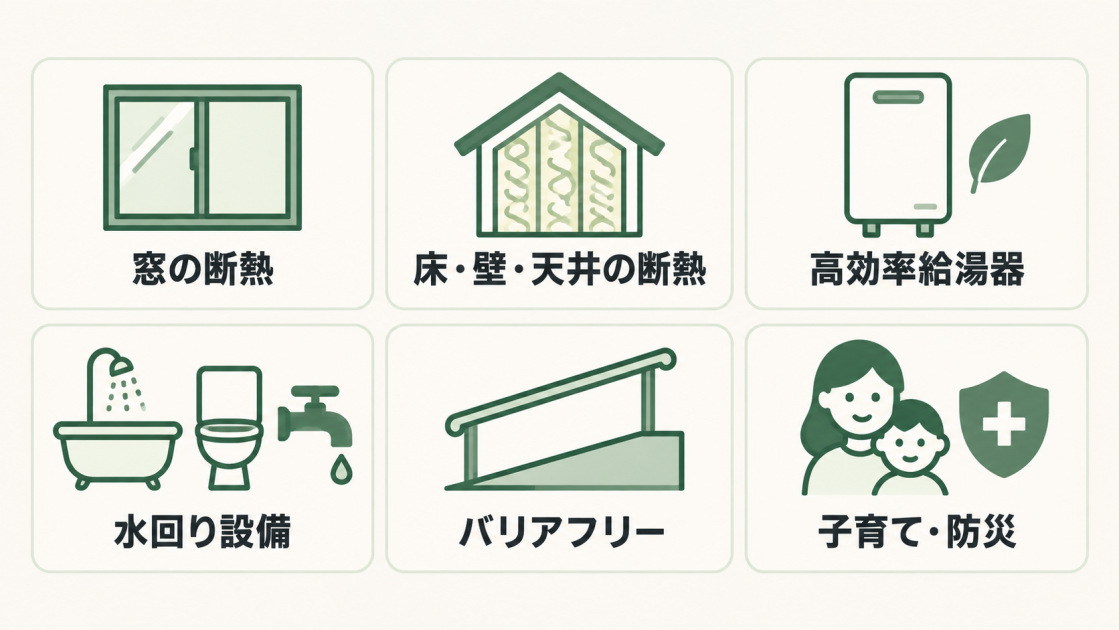窓や床・壁・天井の断熱、高効率給湯器、水回り、バリアフリー、子育て・防災の6分野を示す図解