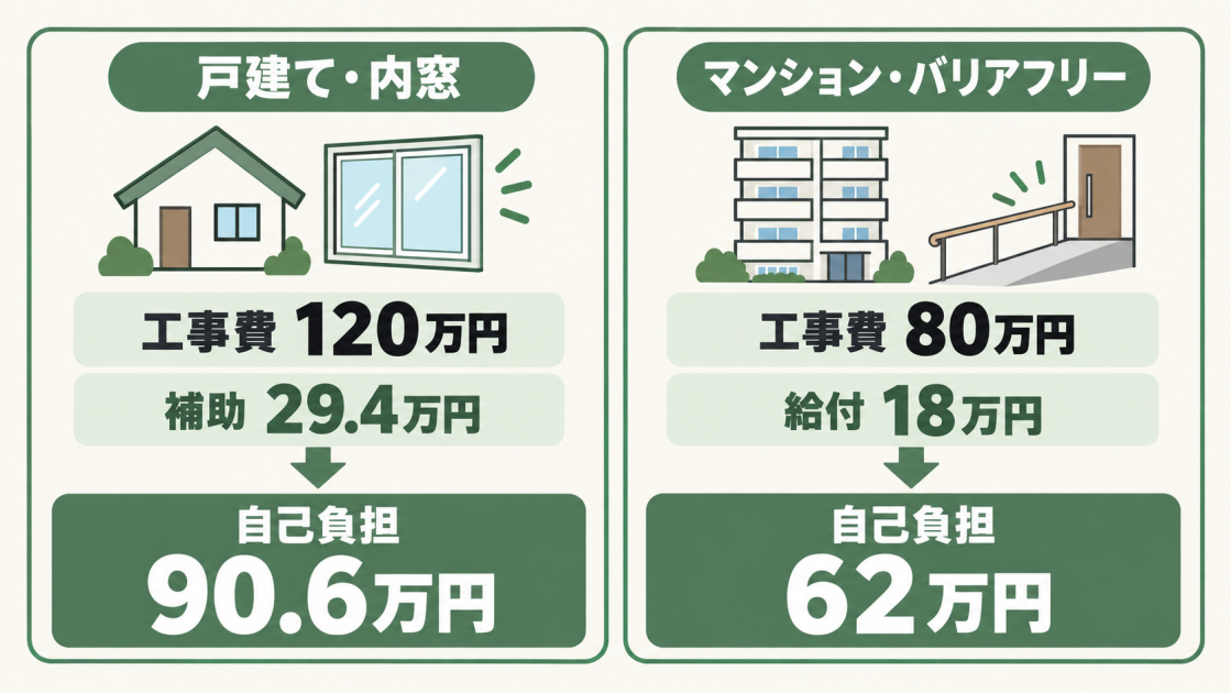 戸建ての内窓設置は工事費120万円、補助29.4万円、自己負担90.6万円、マンションのバリアフリー改修は工事費80万円、給付18万円、自己負担62万円と比較した図解