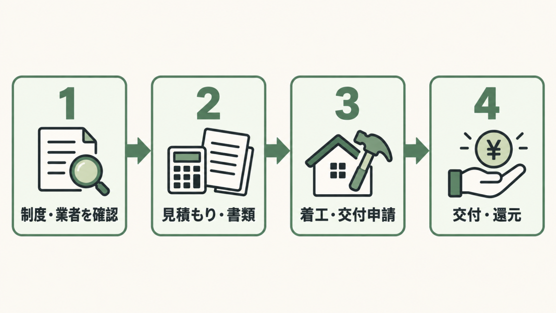 制度と業者の確認、見積もりと書類、着工と交付申請、交付と還元の4ステップを示す図解