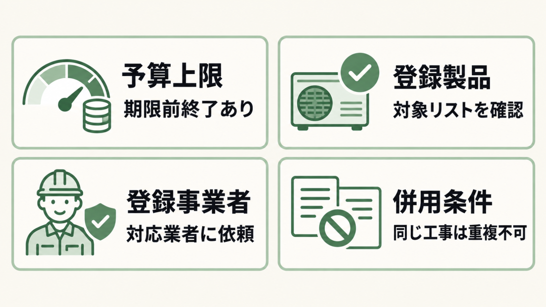 予算上限、登録製品、登録事業者、補助金の併用条件を申請前に確認することを示す図解