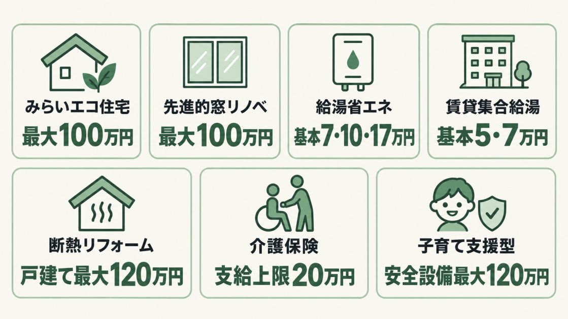 みらいエコ住宅、先進的窓リノベ、給湯省エネ、賃貸集合給湯、断熱リフォーム、介護保険、子育て支援型の代表的な補助額をまとめた図解