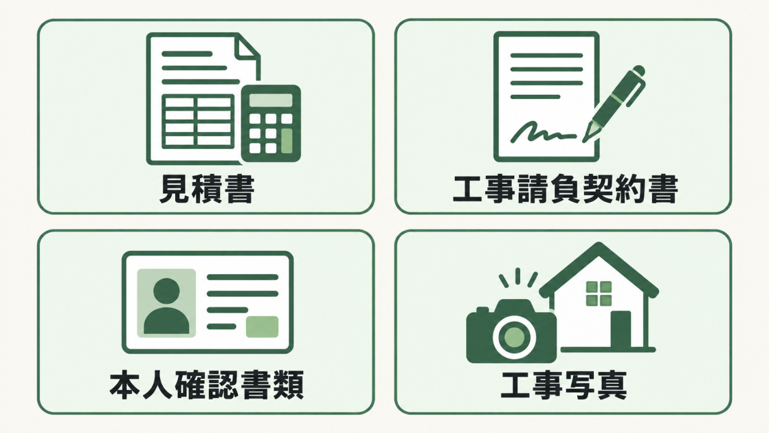 見積書、工事請負契約書、本人確認書類、工事写真の4項目を示す図解