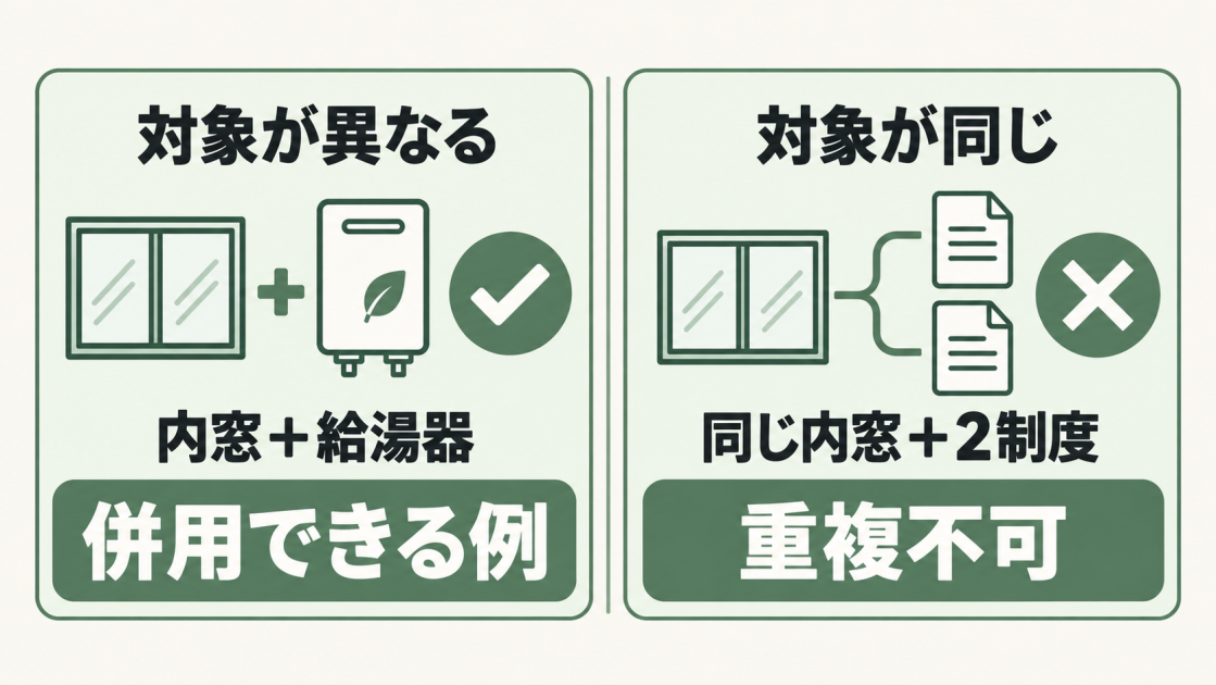 内窓と給湯器のように対象が異なる工事は併用できる例があり、同じ内窓を2制度へ申請する重複はできないことを比較した図解