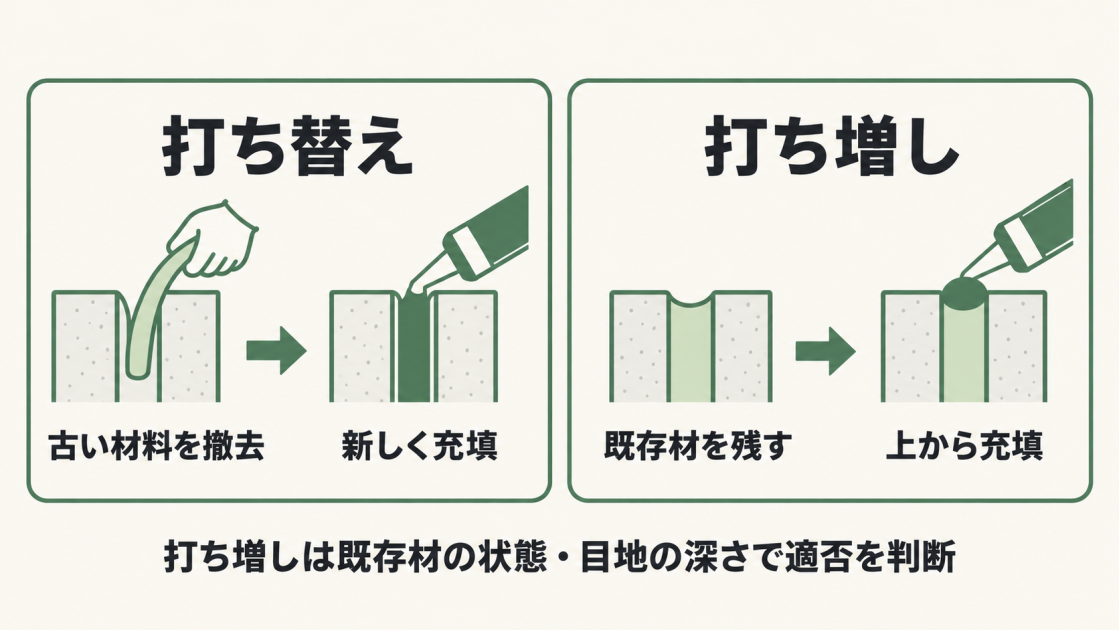 打ち替えは古いコーキングを撤去して新しく充填し、打ち増しは既存材の上に充填する。打ち増しの適否は既存材の状態と目地の深さで判断する。
