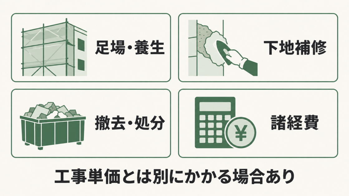 外壁工事の単価とは別に、足場・養生、下地補修、撤去・処分、諸経費がかかる場合があることを示した図。