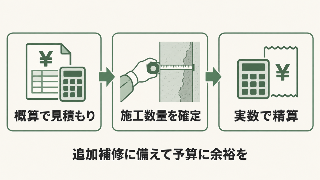 実数精算方式は、概算で見積もり、施工数量を確定し、実数で精算する流れ。追加補修に備えて予算に余裕を持たせる。