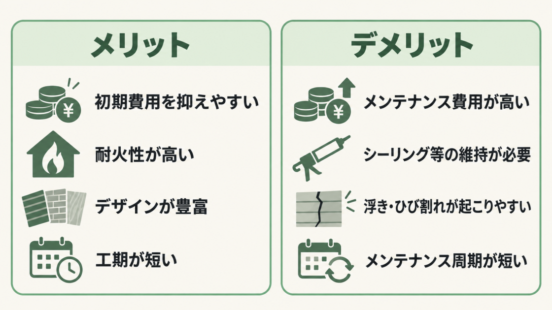 窯業系サイディングは初期費用を抑えやすく、耐火性やデザイン性、短い工期が利点。一方で維持費、シーリング等の管理、浮きやひび割れ、短いメンテナンス周期に注意が必要。