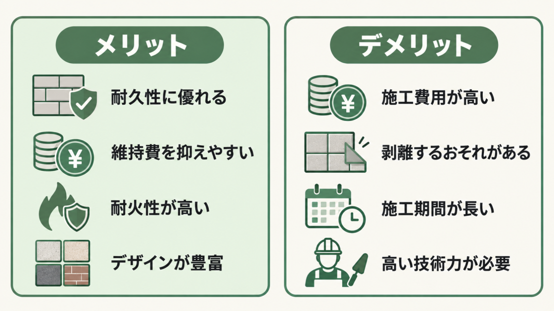 外壁タイルは耐久性、維持費、耐火性、デザインの豊富さが利点。一方で施工費用、剥離の可能性、長い施工期間、高い施工技術に注意が必要。