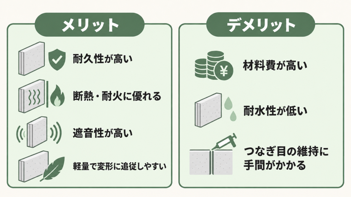 ALC外壁は耐久性、断熱・耐火性、遮音性、軽さと変形への追従性が利点。一方で材料費、低い耐水性、つなぎ目の維持管理に注意が必要。