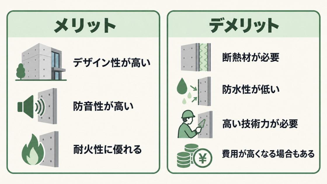 コンクリート打ち放し外壁はデザイン性、防音性、耐火性が利点。一方で断熱材、防水性、施工技術、リフォーム費用に注意が必要。