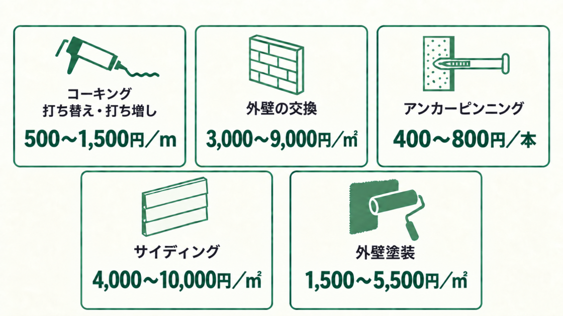コーキングは1メートルあたり500~1,500円、外壁交換は1平方メートルあたり3,000~9,000円、アンカーピンニングは1本あたり400~800円、サイディングは1平方メートルあたり4,000~10,000円、外壁塗装は1平方メートルあたり1,500~5,500円。