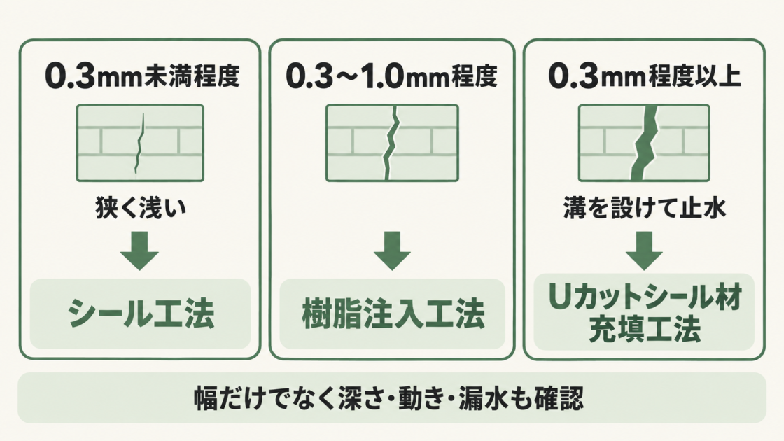 幅0.3mm未満程度の狭く浅いひび割れはシール工法、0.3~1.0mm程度は樹脂注入工法、0.3mm程度以上で溝を設けて止水する場合はUカットシール材充填工法が目安。幅だけでなく深さや動き、漏水も確認する。