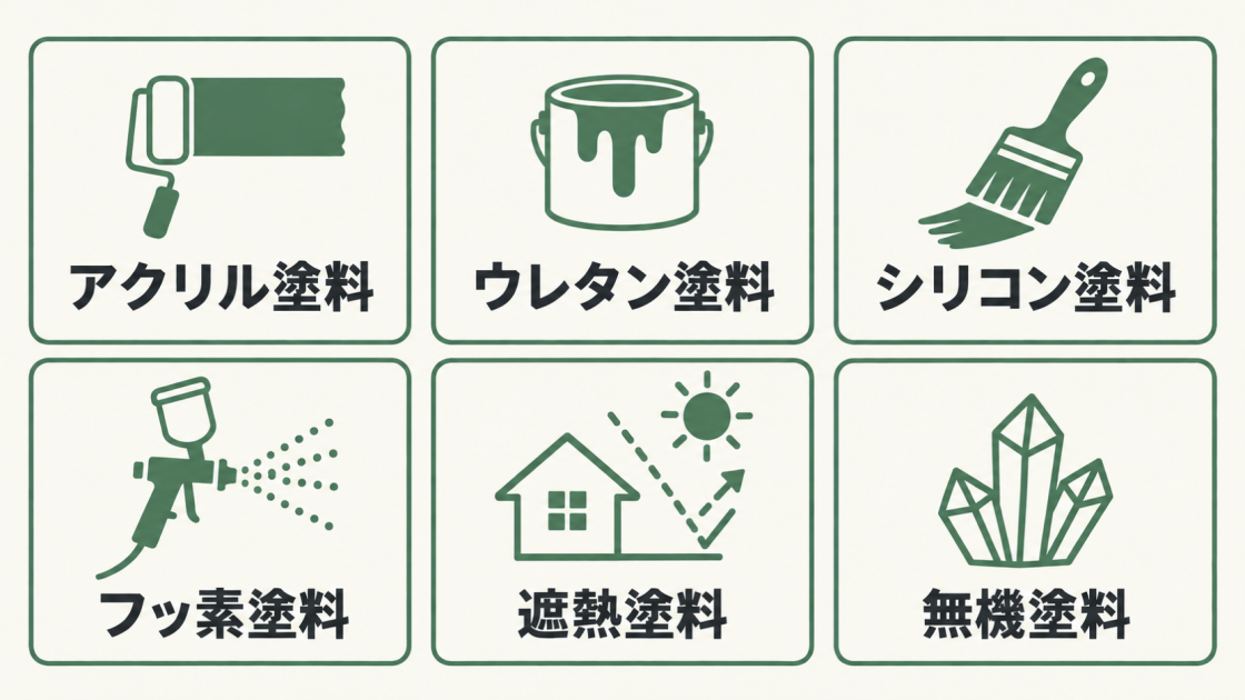 マンションの外壁塗装に使われるアクリル塗料、ウレタン塗料、シリコン塗料、フッ素塗料、遮熱塗料、無機塗料の6種類。