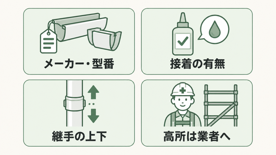 メーカー・型番、接着の有無、継手の上下、高所作業は業者への4項目を示す図解