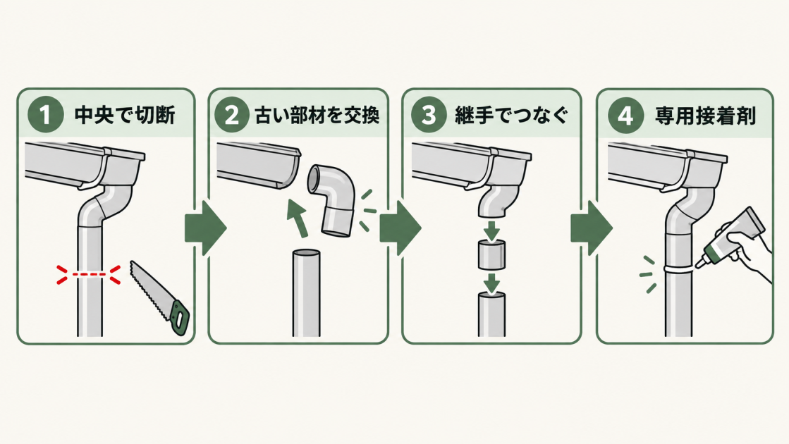 呼び樋の中央切断、古い部材交換、継手で接続、専用接着剤で固定する流れを示す図解