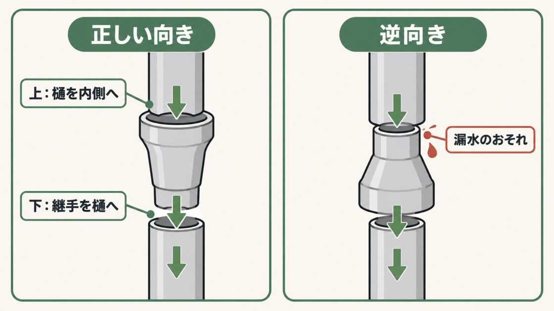 上の樋を継手内側へ、継手下部を下の樋へ差し込む正しい向きと逆向きの漏水リスクを示す図解