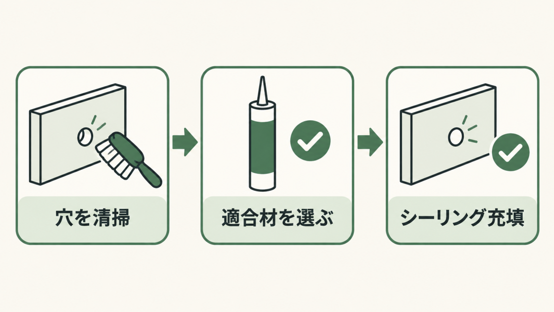 金具穴を清掃し、適合する材料を選び、シーリング材を充填する3工程を示す図解