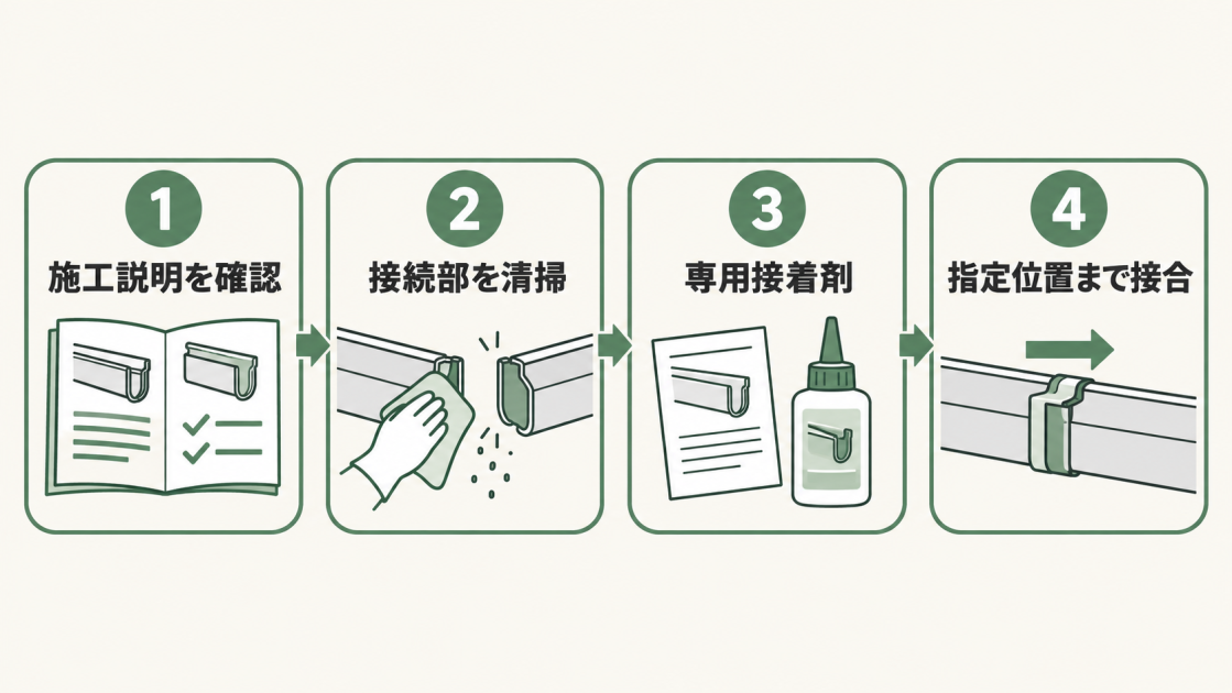 施工説明の確認、接続部の清掃、専用接着剤の使用、指定位置まで接合する4段階を示す図解