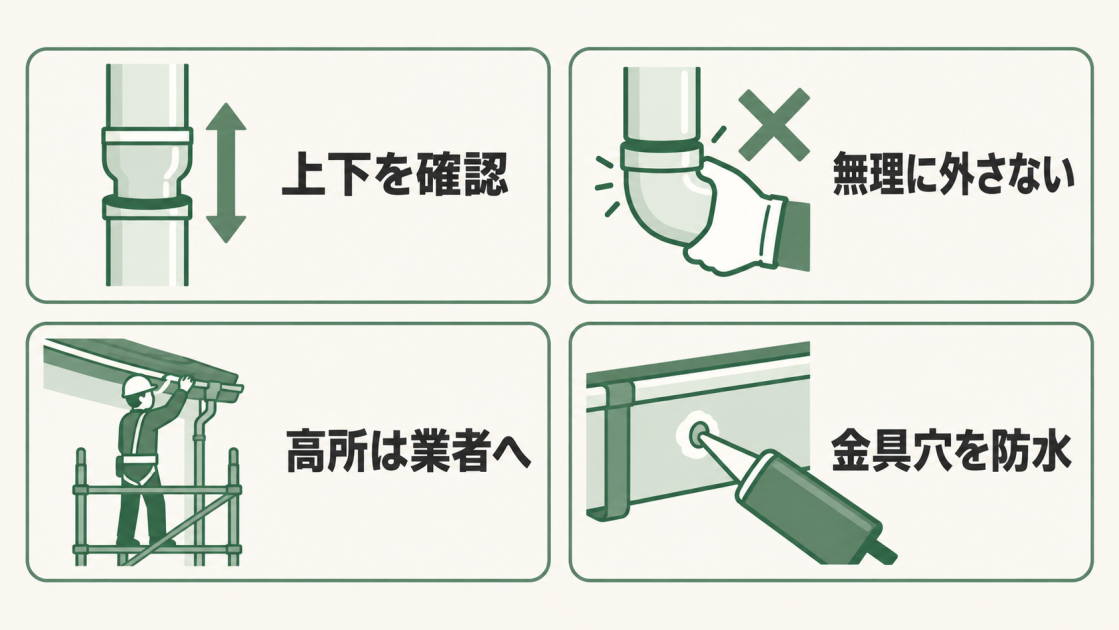 継手の上下確認、接着部を無理に外さないこと、高所作業の業者依頼、金具穴の防水を示す図解