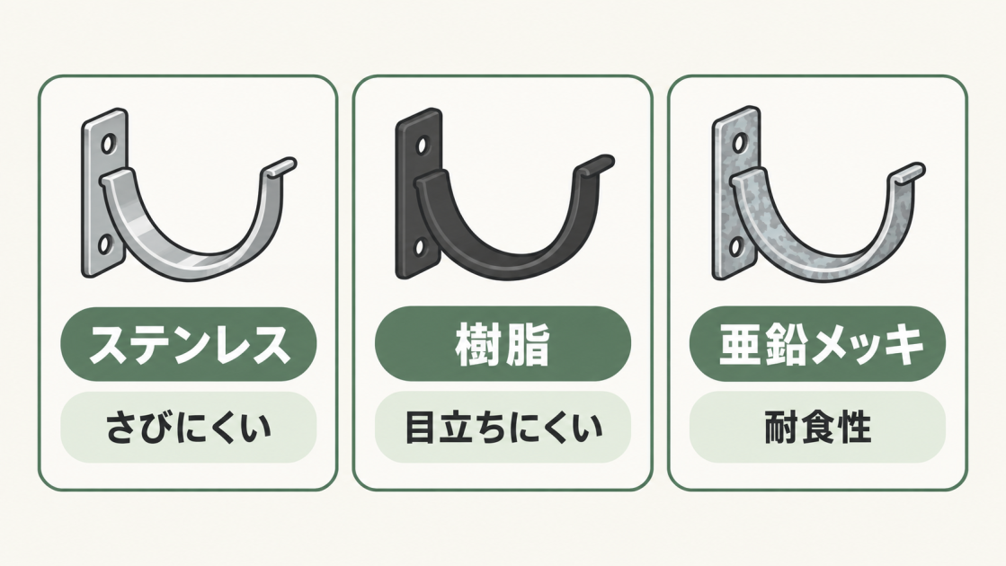 ステンレスはさびにくい、樹脂は目立ちにくい、亜鉛メッキは耐食性があることを示す図解