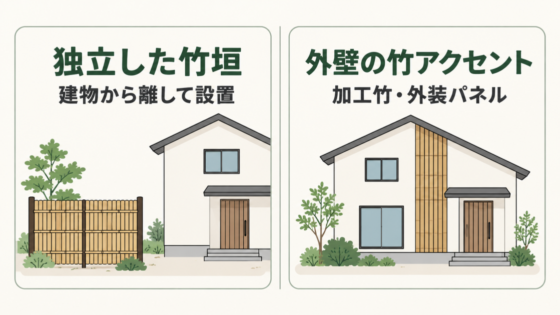 建物から離して設ける独立した竹垣と、加工竹・外装パネルを使った外壁の竹アクセントを比較した図解