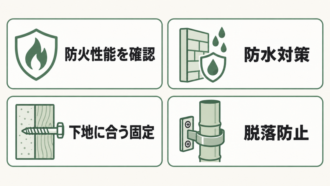 竹材の外壁施工前に確認する防火性能、防水対策、下地に合う固定、脱落防止の4項目を示す図解