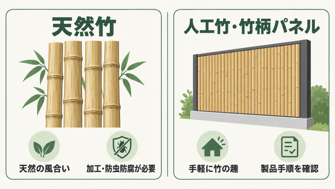天然の風合いがある一方で加工・防虫防腐が必要な天然竹と、手軽に竹の趣を楽しめ製品手順の確認が必要な人工竹・竹柄パネルを比較した図解