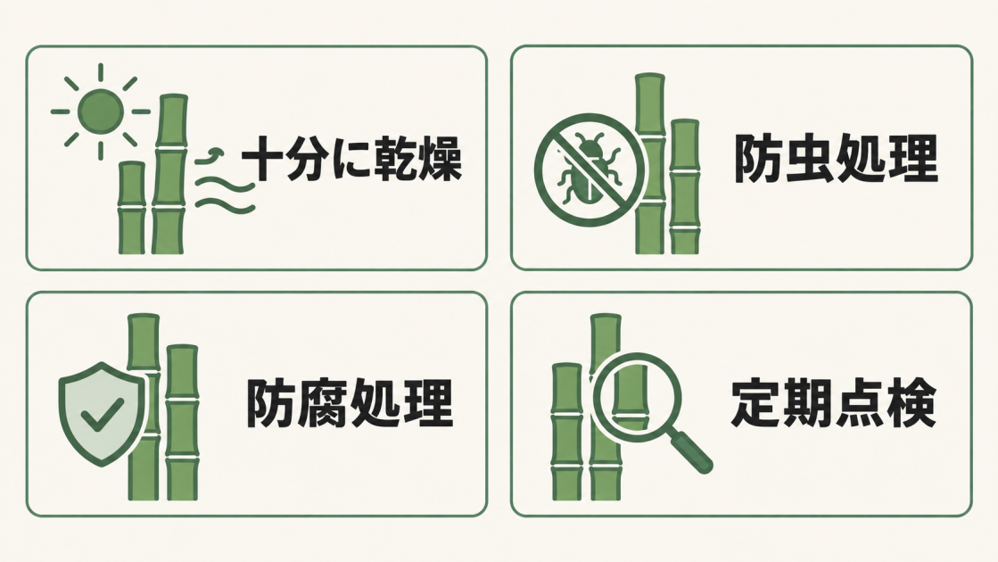 天然竹を屋外で使う際に必要な十分な乾燥、防虫処理、防腐処理、定期点検を示す図解
