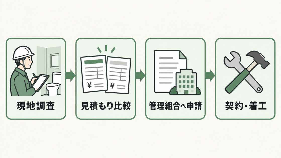 現地調査、見積もり比較、管理組合への申請、契約・着工の順に進むトイレ増設工事の流れ