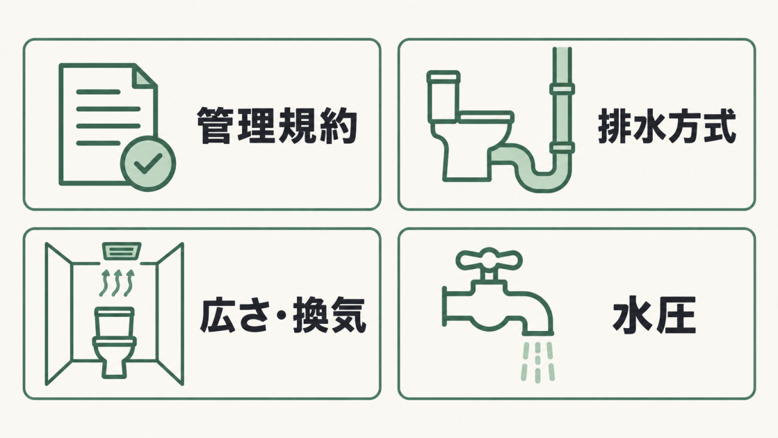 マンションのトイレ増設前に確認する管理規約、排水方式、広さ・換気、水圧の4項目