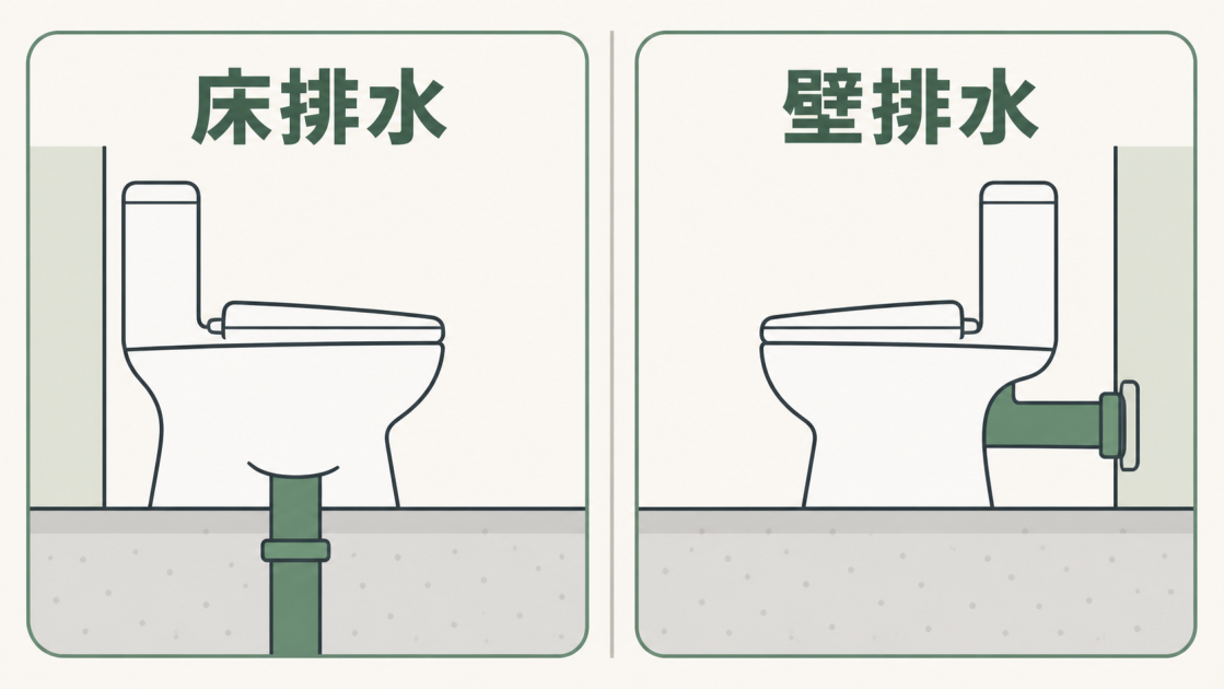 便器の排水管が床へ向かう床排水と、背面の壁へ向かう壁排水を左右で比較した図解