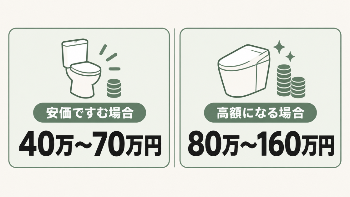 マンションのトイレ増設費用を、安価ですむ場合40万〜70万円と高額になる場合80万〜160万円で比較した図解