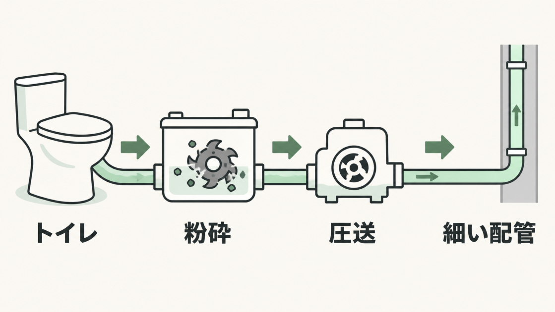 トイレから出た汚物を粉砕し、ポンプで圧送して細い配管へ送る流れを示した図解