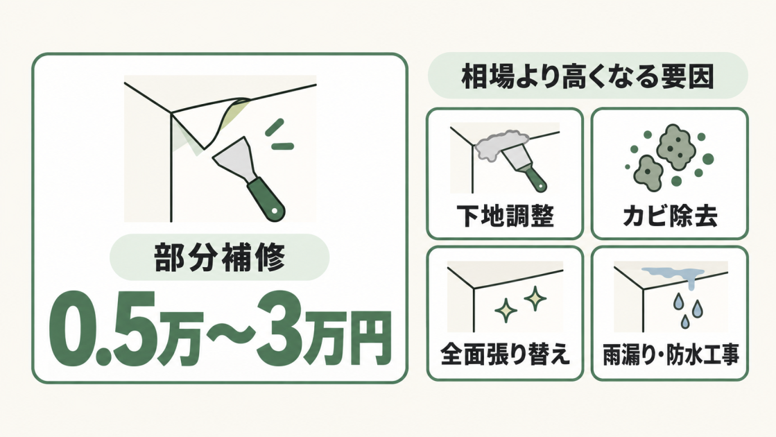 天井の壁紙の部分補修費用は0.5万～3万円が目安で、下地調整・カビ除去・全面張り替え・雨漏りや防水工事が必要な場合は相場より高くなることを示した図解