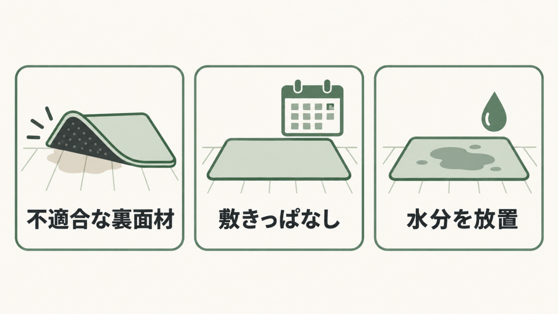 不適合な裏面材、敷きっぱなし、水分の放置が床の変色につながることを示した図解