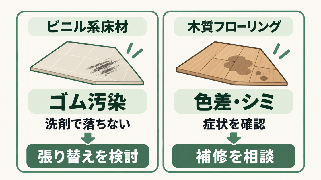 ビニル系床材のゴム汚染は張り替えを検討し、木質フローリングの色差やシミは症状を確認して補修を相談する対処法の比較図