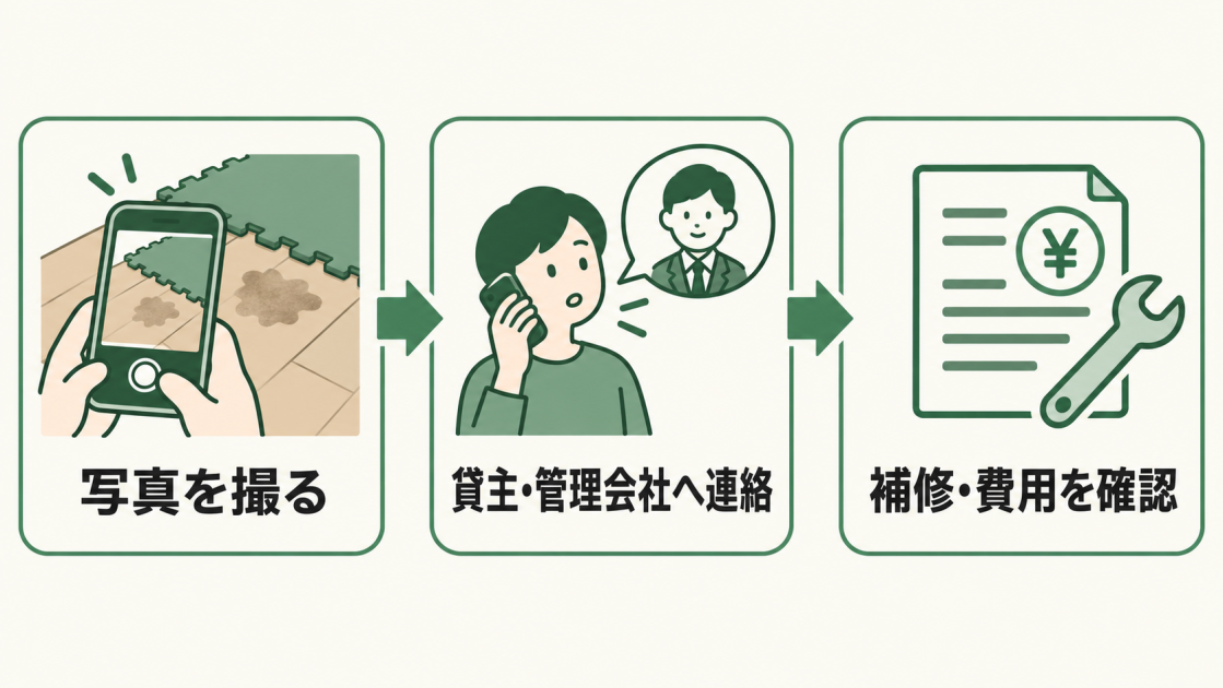 床の変色箇所を写真に撮り、貸主や管理会社へ連絡して、補修方法と費用負担を確認する3ステップの図解