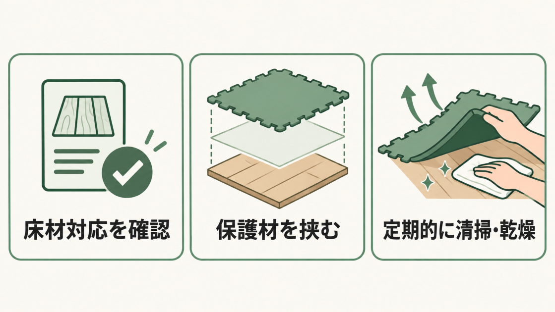 床材対応の確認、保護材を挟む、定期的な清掃と乾燥という3つの変色防止策を示した図解