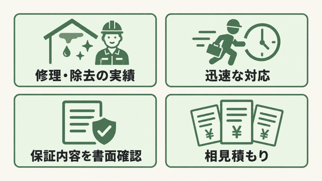 雨漏りとカビの修理業者を、実績、対応の早さ、保証内容、相見積もりで選ぶポイントを示した図解