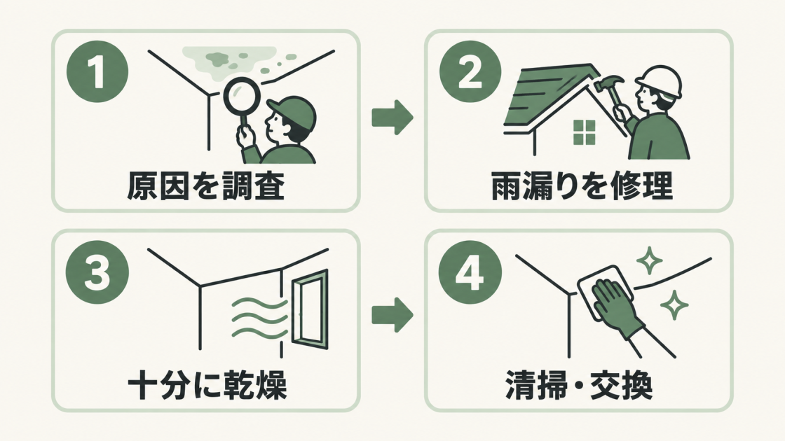 雨漏りによる天井カビの対処を、原因調査、雨漏り修理、乾燥、清掃・交換の4段階で示した図解