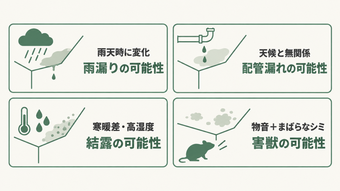 天候や寒暖差、物音から、雨漏り・配管漏れ・結露・害獣の可能性を見分けるポイントを示した図解