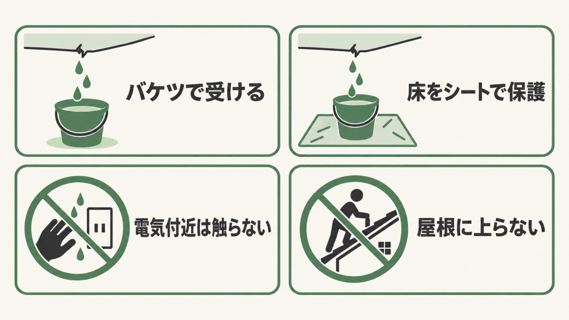 天井の雨漏りをバケツで受け、床を保護し、電気付近や屋根上での作業を避ける応急処置の図解
